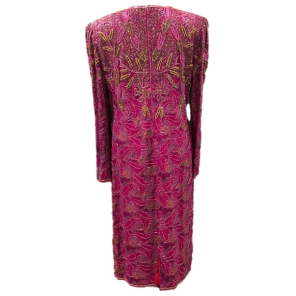 𝅺VINTAGE 1980s Fuchsia Pink Silk Beaded Cocktail Dress - Picture 8 of 12